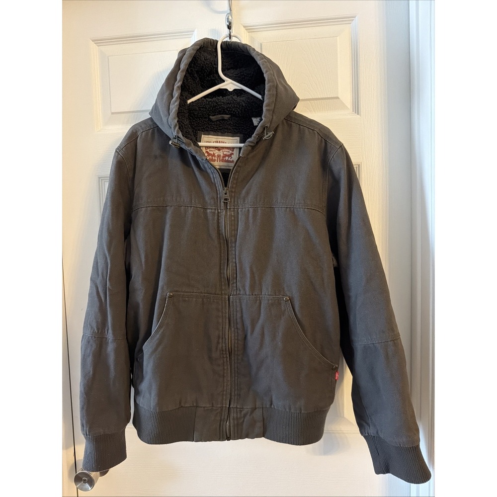 Levis Work Jacket Mens Charcoal Gray Sherpa Canvas Hooded Full Zip